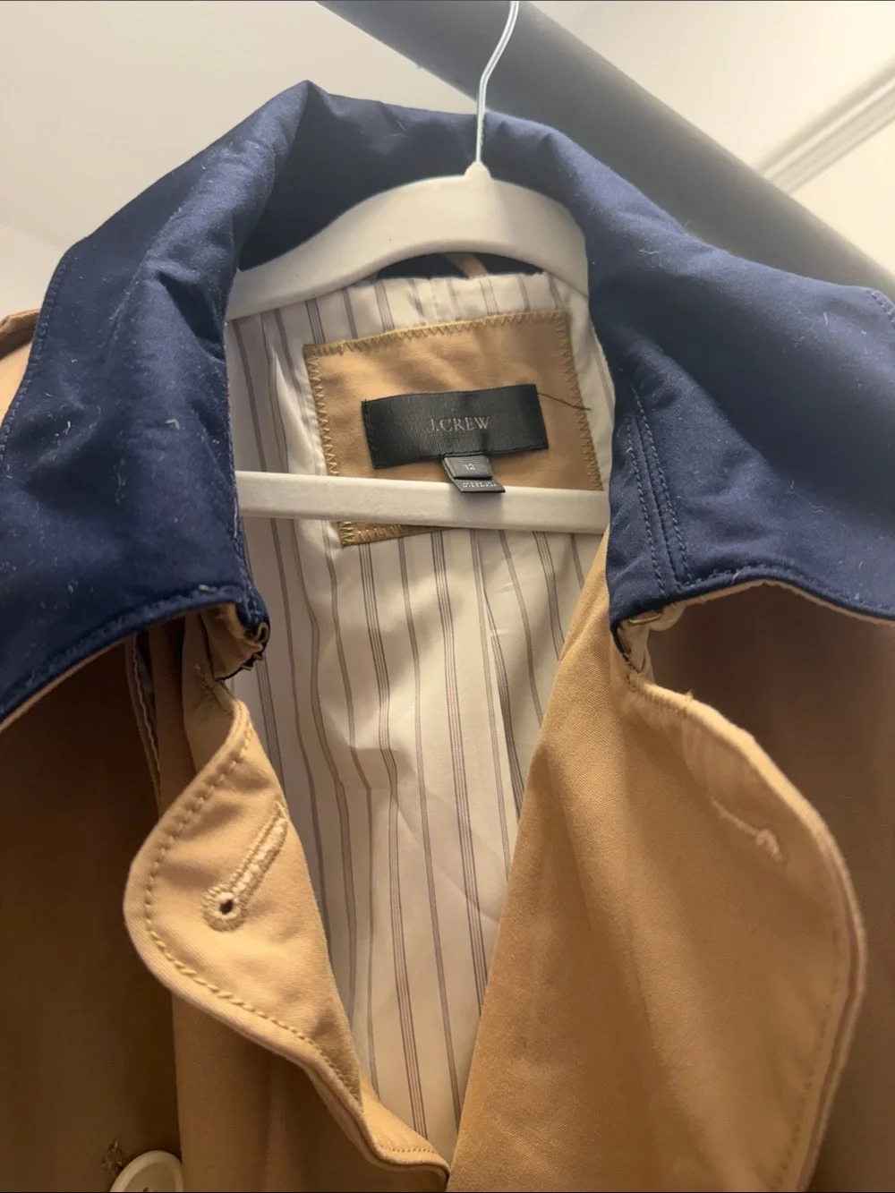 J. Crew woman’s Tan Trench Coat with Navy Collar
